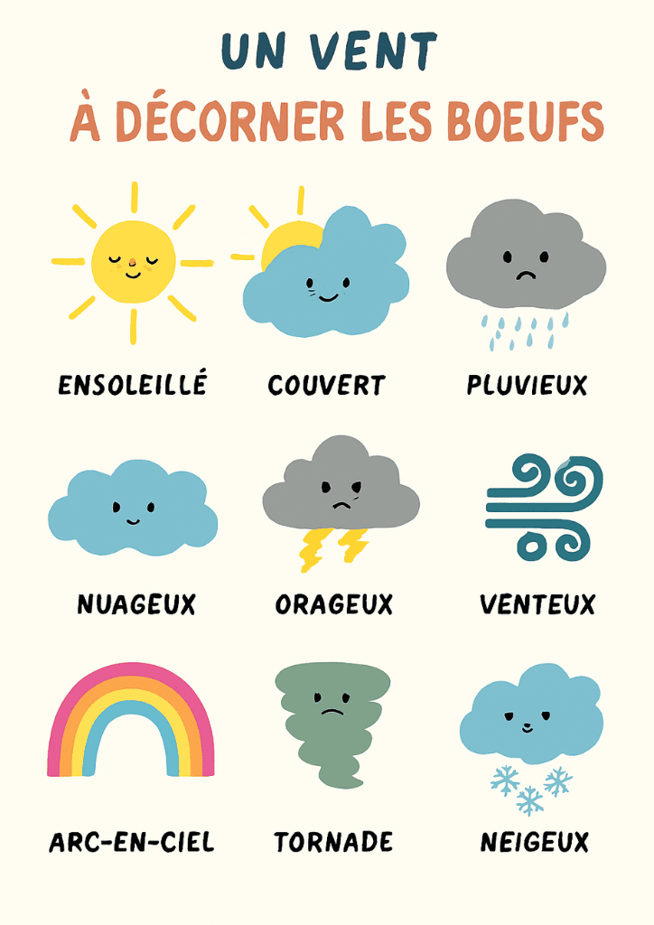Affiche un vent à écorner les boeufs:
affiche sympas pour interpréter les différents nuages ( illustration dessin ) 
