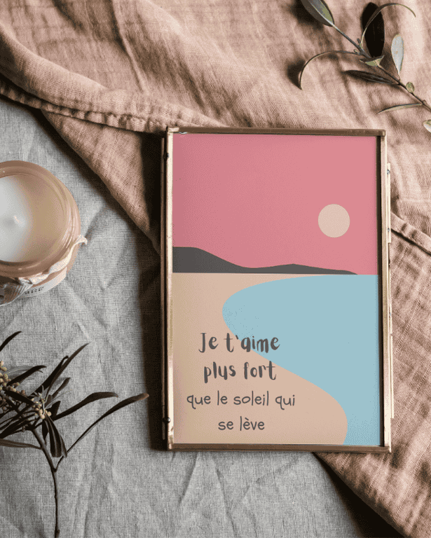 AFFICHE JE T'AIME PLUS FORT QUE LE SOLEIL QUI SE LEVE PLAGE
